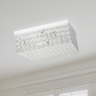 This square crystal flushmount is the perfect light to accent your home and brighten up your space in a luxurious fashion!  Designed with elegant crystals throughout the fixture, this flushmount will compliment both contemporary and modern settings. This medium sized flushmount features a white base and details, surrounding beautiful crystals, adding a glamorous touch to your décor.Features a square white base and details | Elegant k5 crystals throughout, including 4 rows of crystals in height | Uses 2 x 60 watt type b medium base bulbs  (not included) | 12" square
5" height