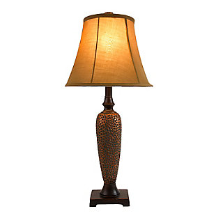 Accessorize your space with this tastefully designed lamp set. It includes 2 table lamps and 1 floor lamp, each with a light brown fabric shade to make beautifying your home a cinch! Each lamp is enriched with an exquisite Hammered Bronze finish. 
We believe that lighting is like jewelry for your home. Our products will help to enhance your room with elegance and sophistication.Set includes 2 table lamps and 1 floor lamp | Beautiful light brown fabric shades and exquisite hammered bronze finish | Table lamps: h: 27”   shades: l: 12” x  w: 12” x h: 9.5” | Floor lamp: h: 58”  shade: l: 14” x w: 14” x h: 10”