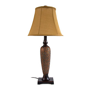 Accessorize your space with this tastefully designed lamp set. It includes 2 table lamps and 1 floor lamp, each with a light brown fabric shade to make beautifying your home a cinch! Each lamp is enriched with an exquisite Hammered Bronze finish. 
We believe that lighting is like jewelry for your home. Our products will help to enhance your room with elegance and sophistication.Set includes 2 table lamps and 1 floor lamp | Beautiful light brown fabric shades and exquisite hammered bronze finish | Table lamps: h: 27”   shades: l: 12” x  w: 12” x h: 9.5” | Floor lamp: h: 58”  shade: l: 14” x w: 14” x h: 10”