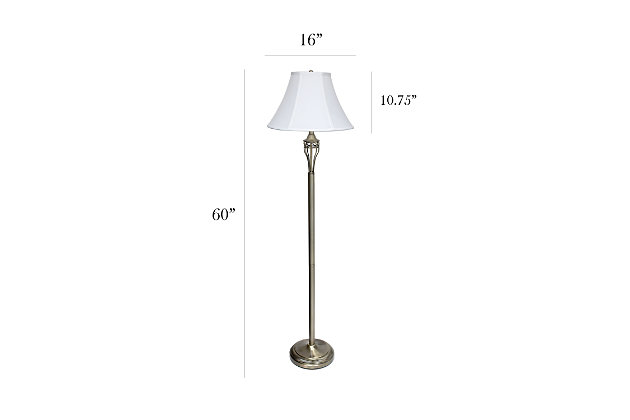 Accessorize your space with this tastefully designed lamp set. It includes 2 table lamps and 1 floor lamp, each with a white fabric shade to make beautifying your home a cinch! Each lamp is enriched with an exquisite Antique Brass finish. 
We believe that lighting is like jewelry for your home. Our products will help to enhance your room with elegance and sophistication.Set includes 2 table lamps and 1 floor lamp | Beautiful white fabric shades and exquisite antique brass  finish | Table lamps: height: 25.5”   shade diameter: 16" | Floor lamp: height: 60”  shade diameter: 16"