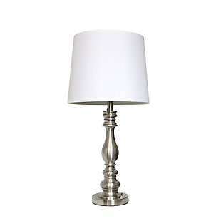 Accessorize your space with this tastefully designed lamp set. It includes 2 table lamps and 1 floor lamp, each with a white fabric shade to make beautifying your home a cinch! Each lamp is enriched with an exquisite brushed steel finish. We believe that lighting is like jewelry for your home. Our products will help to enhance your room with elegance and sophistication.Set includes 2 table lamps and 1 floor lamp | Beautiful white fabric shades and exquisite brushed steel finish | Table lamps: h: 27”   shades diameter: 13" | Floor lamp: h: 60”  shade diameter: 13"