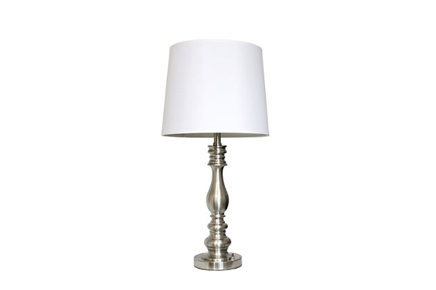 Accessorize your space with this tastefully designed lamp set. It includes 2 table lamps and 1 floor lamp, each with a white fabric shade to make beautifying your home a cinch! Each lamp is enriched with an exquisite brushed steel finish. We believe that lighting is like jewelry for your home. Our products will help to enhance your room with elegance and sophistication.Set includes 2 table lamps and 1 floor lamp | Beautiful white fabric shades and exquisite brushed steel finish | Table lamps: h: 27”   shades diameter: 13" | Floor lamp: h: 60”  shade diameter: 13"