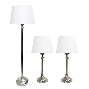 Accessorize your space with this tastefully designed lamp set. It includes 2 table lamps and 1 floor lamp, each with a white fabric shade to make beautifying your home a cinch! Each lamp is enriched with an exquisite Brushed Nickel finish and is adjustable in height. 
We believe that lighting is like jewelry for your home. Our products will help to enhance your room with elegance and sophistication.Set includes 2 table lamps and 1 floor lamp | Beautiful white fabric shades and exquisite brushed nickel  finish | Table lamps: adjustable height: 23.5"-31"  shades: top opening: 10” bottom opening:13" height: 8.5” | Floor lamp: adjustable height: 49.5"-59"  shade: top opening: 11” bottom opening:14" height:9”