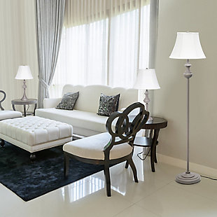 As trends change throughout the years, sometimes it is best to have a few pieces of furniture that will survive years of transitions, like this table and floor lamp 3 pack set.  It includes two table lamps and one floor lamp, each with curved and winding bases showcasing the right amount of detail, without overriding it's simplicity. Matched with a pure white fabric empire shade, this set is bound to remain among your timeless favorites!Set includes one (1)  floor lamp and two (2) table lamps | Gray painted finish on metal lamp bases | Pure white bell shaped fabric shades | Each uses 
1 x 100w 3-way type a medium base bulb (not included)