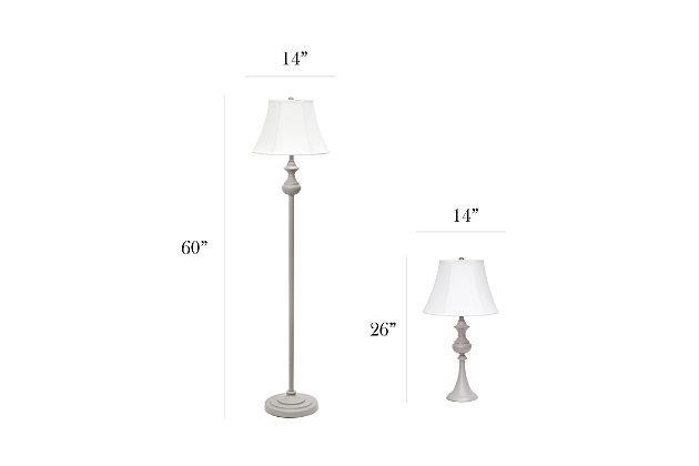 As trends change throughout the years, sometimes it is best to have a few pieces of furniture that will survive years of transitions, like this table and floor lamp 3 pack set. It includes two table lamps and one floor lamp, each with curved and winding bases showcasing the right amount of detail, without overriding it's simplicity. Matched with a pure white fabric empire shade, this set is bound to remain among your timeless favorites!Set includes one (1) floor lamp and two (2) table lamps | Gray painted finish on metal lamp bases | Pure white bell shaped fabric shades | Each uses 1 x 100w 3-way type a base bulb (not included)