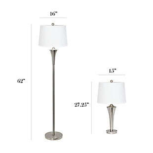 Redecorating or moving into a new space can be wonderful when you find those pieces that transform a basic room into a page right out of your interior design magazine!  Get inspired to upgrade your home and/or office by purchasing this sleek and modern table and floor lamp 3 pack set.  Perfectly adaptable to both professional and personal spaces, the attractiveness of the brushed nickel finish combined with the sleek, tapered design balances perfectly against the white fabric shade to enhance your space into a room you love.  What a great way to beautify your space with a small investment into a timeless lamp set!Set includes 1 floor lamp and two table lamps | Brushed nickel tapered lamp style atop a circular base | White drum shaped fabric shades | Each lamp uses 1 x 100 watt type a medium base bulb (not included) | Some assembly required | Perfect for bedroom, living room, foyer, dining room, or office!