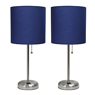 This fun and fashionable lamp features a brushed steel base and a fabric shade. It comes equipped with a 2 prong outlet seated in the base for use to charge mobile phones, handheld games, tablets, and other small electronics. This lamp will add a fabulous flair to any room. Perfect for bedrooms, kids and teens, college dorms, nurseries, or fun offices!Brushed steel base with charging outlet | Fabric shade | Perfect for bedrooms, kids room, college dorm, nursery, or fun office | Shade diameter: 8.5" x height: 19.5"