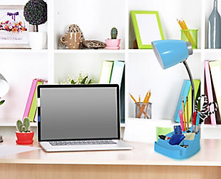 Style and functionality meet with this fun organizer desk lamp with iPad stand. It is beautifully finished and comes equipped to hold many of the important essentials needed in a desk organizer. The flexible chrome gooseneck allows you to point the light exactly where you need it. ON/OFF flip switch is located on the base for convenience. Organizer includes 8 compartments for storing pens, pencils, paper clips, etc. It also has a spot to rest your iPad, book, or notebook for easy viewing. Perfect for office, kids room, or college dorm!Plastic head and base with organizer and on/off button flip switch for convenience | Chrome gooseneck that allows you to point the light in any direction | Organizer includes 8 compartments for storing supplies and stand for ipad or book easy viewing | Dimensions: l: 6.5" x w: 6.5" x h: 18.5"