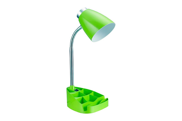 Style and functionality meet with this fun organizer desk lamp with iPad stand. It is beautifully finished and comes equipped to hold many of the important essentials needed in a desk organizer. The flexible chrome gooseneck allows you to point the light exactly where you need it. ON/OFF flip switch is located on the base for convenience. Organizer includes 8 compartments for storing pens, pencils, paper clips, etc. It also has a spot to rest your iPad, book, or notebook for easy viewing. Perfect for office, kids room, or college dorm!Plastic head and base with organizer and on/off button flip switch for convenience | Chrome gooseneck that allows you to point the light in any direction | Organizer includes 8 compartments for storing supplies and stand for ipad or book easy viewing | Dimensions: l: 6.5" x w: 6.5" x h: 18.5"