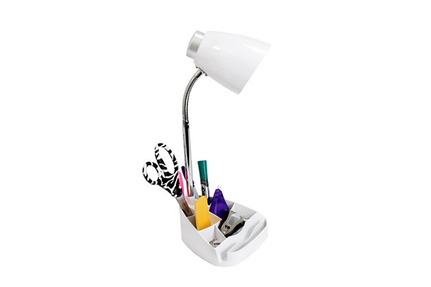 Style and functionality meet with this fun organizer desk lamp with iPad stand. It is beautiy finished and comes equipped to hold many of the important essentials needed in a desk organizer. The flexible chrome gooseneck allows you to point the light exactly where you need it. ON/OFF flip switch is located on the base for convenience. Organizer includes 8 compartments for storing pens, pencils, paper clips, etc. It also has a spot to rest your iPad, book, or notebook for easy viewing. Perfect for office, kids room, or college dorm!Plastic head and base with organizer and on/off button flip switch for convenience | Chrome gooseneck that allows you to point the light in any direction | Organizer includes 8 compartments for storing supplies and stand for ipad or book easy viewing | Dimensions: l: 6.5" x w: 6.5" x h: 18.5"
