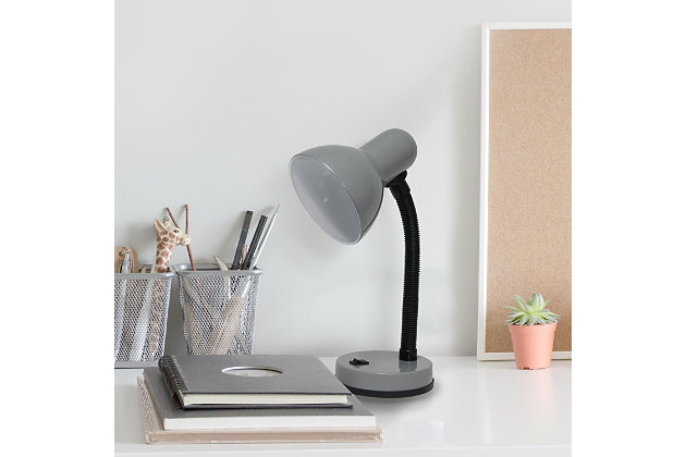 A nice, low-cost, and functional desk lamp to meet your basic lighting needs. This desk lamp features a painted metal base and shade, flexible hose neck, and ON/OFF switch located on the base for your convenience. Perfect for office, kids room, or college dorm!Painted metal shade and base | Flexible hose neck | On/off button switch located on base for convenience | Dimensions: h: 13.85" shade diameter: 5"
