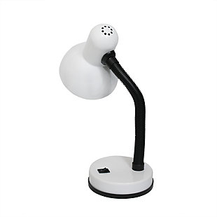 A nice, low-cost, and functional desk lamp to meet your basic lighting needs. This desk lamp features a painted  metal base and shade, flexible hose neck, and ON/OFF switch located on the base for your convenience. Perfect for office, kids room, or college dorm!Painted metal shade and base | Flexible hose neck | On/off button switch located on base for convenience | Dimensions: h: 13.85" shade diameter: 5"