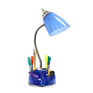 Style and functionality meet with this fun organizer desk lamp with charging outlet. Comes equipped to hold many of the important essentials needed in a desk organizer as well as the ability to act as an additional outlet. The flexible chrome gooseneck allows you to point the light exactly where you need it. ON/OFF switch is located on the shade for convenience. Organizer includes compartments for storing pens, pencils, paper clips, etc. It also has a spot to plug in your phone, tablet, or other device. Perfect for office, kids room, or college dorm!Organizer desk lamp with charging outlet | Flexible gooseneck | Perfect for office, kids room, or college dorm! | Uses 1  x 40w type a medium base bulb (not included)