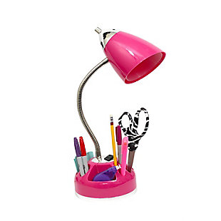 Style and functionality meet with this fun organizer desk lamp with charging outlet. Comes equipped to hold many of the important essentials needed in a desk organizer as well as the ability to act as an additional outlet. The flexible chrome gooseneck allows you to point the light exactly where you need it. ON/OFF switch is located on the shade for convenience. Organizer includes compartments for storing pens, pencils, paper clips, etc. It also has a spot to plug in your phone, tablet, or other device. Perfect for office, kids room, or college dorm!Organizer desk lamp with charging outlet | Flexible gooseneck | Perfect for office, kids room, or college dorm! | Uses 1  x 40w type a medium base bulb (not included)