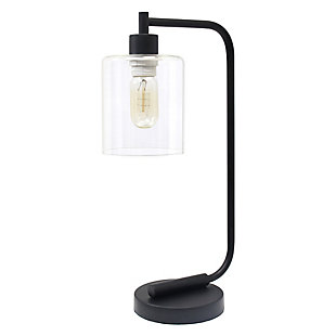 The sophistication of industrial accents gleams in this beautifully crafted iron desk lamp. The humble design combines a simple base with curved arm and a clear glass shade for the perfect ensemble. Place on a desk or bedside table for a modest, refined look in fashion lighting. **HELPFUL TIP: To get the complete industrial look, we recommend using a decorative Edison/Vintage bulb (not included). **Matte black finish | Clear glass shade | Convenient on/off cord switch | Lamp measures: l:9" x w:5" x h:19"