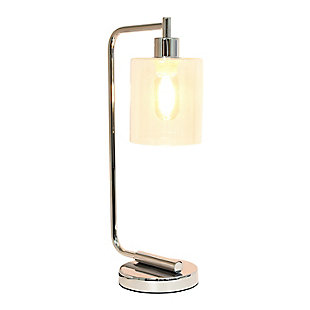 The sophistication of industrial accents gleams in this beautifully crafted iron desk lamp. The humble design combines a simple base with curved arm and a clear glass shade for the perfect ensemble. Place on a desk or bedside table for a modest, refined look in fashion lighting. **HELPFUL TIP: To get the complete industrial look, we recommend using a decorative Edison/Vintage bulb (not included). **Exquisite chrome finish | Clear glass shade | Convenient on/off cord switch | Lamp measures: l:9" x w:5" x h:19"