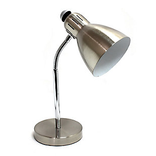 Simplicity at it's best.  This is your classic lamp suited best on your office desk, bedside, or college dorm! With a semi-flexible arm, you can move the lampshade to accommodate different positions while maintaining a firm stance.Brushed nickel finish | Convenient on/off switch on lamp shade | Semi-flexible gooseneck | Uses 1 x 40W E26 Medium Based Bulb (not included)
