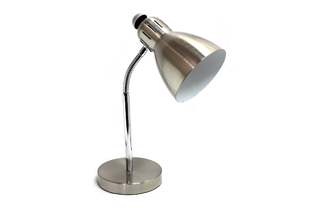 Simplicity at it's best.  This is your classic lamp suited best on your office desk, bedside, or college dorm! With a semi-flexible arm, you can move the lampshade to accommodate different positions while maintaining a firm stance.Brushed nickel finish | Convenient on/off switch on lamp shade | Semi-flexible gooseneck | Uses 1 x 40W E26 Medium Based Bulb (not included)