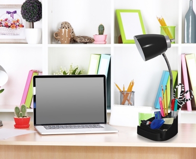 Home Accents LimeLights BLK Gooseneck Orgnzr Desk Lamp w Device Holder & USB, Black, rollover