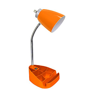 Style and functionality meet with this fun organizer desk lamp with iPad stand and USB Port. It is beautifully finished and comes equipped to hold many of the important essentials needed in a desk organizer. The flexible chrome gooseneck allows you to point the light exactly where you need it. ON/OFF rotary switch is located on the shade for convenience.  Organizer includes 8 compartments for storing pens, pencils, paper clips, etc. It also has a spot to rest your iPad, book, or notebook for easy viewing with a convenient close by USB Port!Plastic head and base with organizer and rotary switch on head of shade | Chrome gooseneck that allows you to point the light in any direction | Organizer includes 8 compartments for storing supplies and stand for ipad or book easy viewing | Features a usb port on base for charging your phone or other device