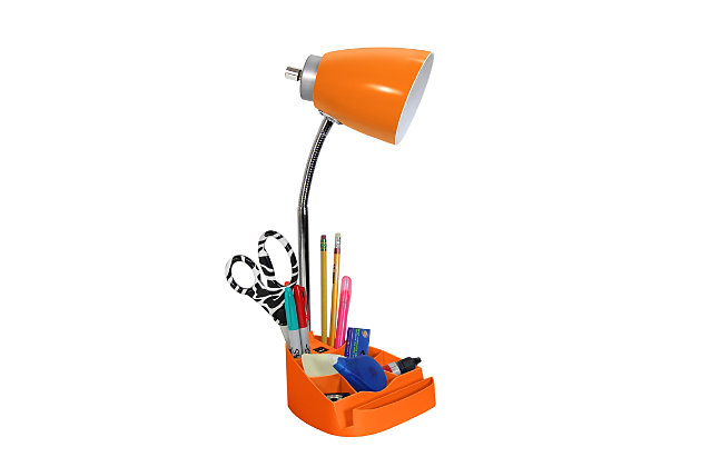 Style and functionality meet with this fun organizer desk lamp with iPad stand and USB Port. It is beautifully finished and comes equipped to hold many of the important essentials needed in a desk organizer. The flexible chrome gooseneck allows you to point the light exactly where you need it. ON/OFF rotary switch is located on the shade for convenience.  Organizer includes 8 compartments for storing pens, pencils, paper clips, etc. It also has a spot to rest your iPad, book, or notebook for easy viewing with a convenient close by USB Port!Plastic head and base with organizer and rotary switch on head of shade | Chrome gooseneck that allows you to point the light in any direction | Organizer includes 8 compartments for storing supplies and stand for ipad or book easy viewing | Features a usb port on base for charging your phone or other device