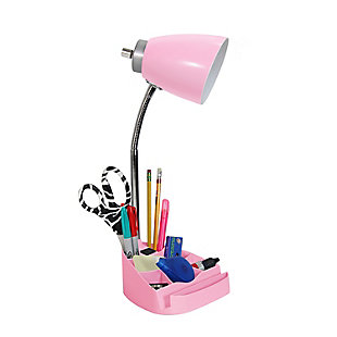 Style and functionality meet with this fun organizer desk lamp with iPad stand and charging outlet. It is beautifully finished and comes equipped to hold many of the important essentials needed in a desk organizer. The flexible chrome gooseneck allows you to point the light exactly where you need it. ON/OFF rotary switch is located on the head for convenience.  Organizer includes 8 compartments for storing pens, pencils, paper clips, etc. It also has a spot to rest your iPad, book, or notebook for easy viewing and a convenient 2 prong electric outlet for charging the device you are using, or electronics nearby!Plastic head and base with organizer and rotary switch on head of shade | Chrome gooseneck that allows you to point the light in any direction | Organizer includes 8 compartments for storing supplies and stand for ipad or book easy viewing | Features a 2 prong outlet on base for charging your phone or other device