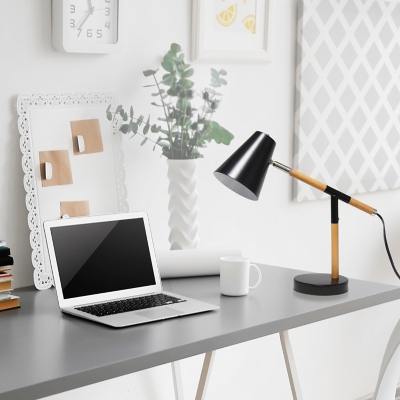 Home Accents Simple Designs Black Matte and Wooden Pivot Desk Lamp, Black, large