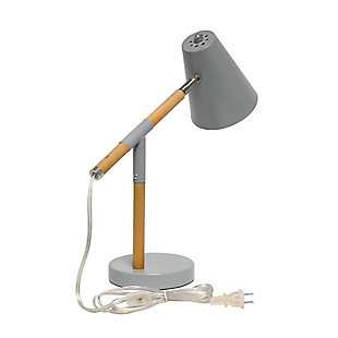 Simple yet modern this desk lamp will add a stylish touch to your home, dorm or office!  The conical shade can be easily adjusted 180 degrees that allows easy focusing of light where needed the most. Made of mixed materials, this lamp is on trend!Matte gray base with  wood accents | Metal shade | Easily accessible rotary switch located on the cord | Uses 1 x 40w medium type a base bulb (not included)