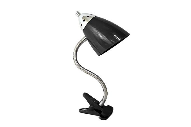 Style and functionality meet with this fun clip lamp. Comes equipped with durable clip. The flexible chrome gooseneck allows you to point the light exactly where you need it. ON/OFF switch is located on the shade for convenience. Perfect for office, kids room, or college dorm!Durable clip | Flexible gooseneck | Perfect for office, kids room, or college dorm! | Uses 1  x 40w type a medium base bulb (not included)
