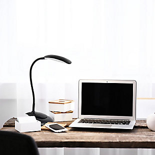 Perfectly suitable for all environments, this 3 step dimmable LED lamp can be used as a clip light, or can be mounted onto the included round base and instead used as a desk lamp. The clip itself opens approximately 2" wide and will keep a tight grip on the area you choose to mount it to. Black Plastic Clip Light with Removeable Base  | Flexible Gooseneck | Touch Light Power Button on Clip Base | USB Power Adapter