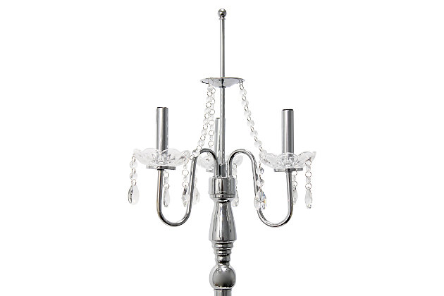 Crystal drop floor lamp. A modern twist on a classic floor lamp. Features a sheer shade, flawless chrome finish, and beautiful draping crystals. Great fit for any room! Use it in a bedroom to create a romantic atmosphere or in a living room or office to add some fresh decorative flair. We believe that lighting is like jewelry for your home. Our products will help to enhance your room with elegance and sophistication.Pleated sheer shade | Flawless chrome finish | Beautiful draping crystals | Height: 61.5" shade diameter: 16.54"