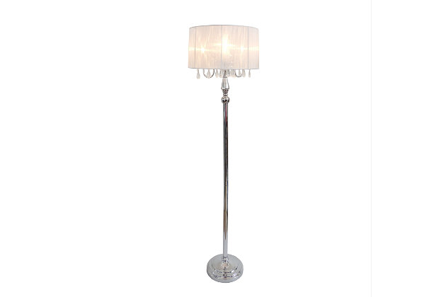Crystal drop floor lamp. A modern twist on a classic floor lamp. Features a sheer shade, flawless chrome finish, and beautiful draping crystals. Great fit for any room! Use it in a bedroom to create a romantic atmosphere or in a living room or office to add some fresh decorative flair. We believe that lighting is like jewelry for your home. Our products will help to enhance your room with elegance and sophistication.Pleated sheer shade | Flawless chrome finish | Beautiful draping crystals | Height: 61.5" shade diameter: 16.54"