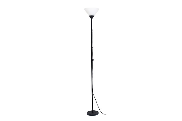 Light up your bedroom, office, dorm or living room with this fun affordable 1 light torchiere style floor lamp.  It is simply made to meet your basic fashion lighting needs, all while complementing your existing home décor.Torchiere style metal base | Frosted plastic shade | Perfect for bedrooms, kids rooms, college dorm, nursery, or fun office | Product dimension: 10" x 10" x 71.25"