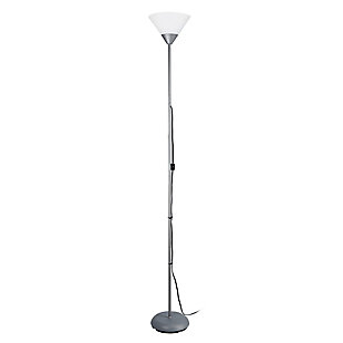 Light up your bedroom, office, dorm or living room with this fun afforable 1 light torchiere style floor lamp.  It is simply made to meet your basic fashion lighting needs, all while complementing your existing home décor.Torchiere style metal base | Frosted  plastic shade | Perfect for bedrooms, kids rooms, college dorm, nursery, or fun office | Product dimension: 10" x 10" x 71.25"
