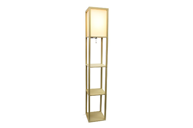 Illuminate your living space in style with our floor shelf lamp with linen shade. This gorgeous piece adds versatility as the shelves can be used to display photographs and other memorabilia while the linen lamp shade casts a soft, warming light throughout your living space. This lamp adds sophistication and style to any home's décor.Floor lamp with 3 shelves for storage/display | Pull-chain on/off switch | Linen shade casts soft, warm glow | Lamp measures: l:10.2" x w:10.2" x h:62.75"