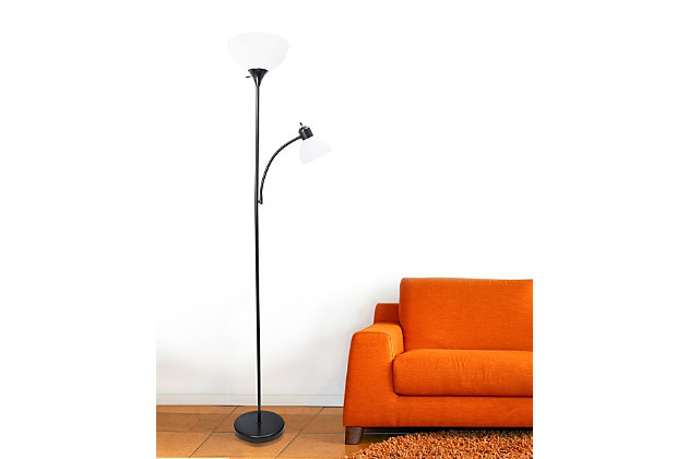 A charming, inexpensive, and practical floor lamp to meet your basic lighting needs. This simple mother/daughter floor lamp with reading light features a painted finish and plastic white shades. Perfect for living room, bedroom, office, kids room, or college dorm.Painted finish | White plastic shades | Floor lamp uses 1 x 100w 3-way  type a medium base bulb (not included)
reading light uses 1 x 60w type a medium base bulb (not included) | L:15.5" x w:11.35" x h: 71.5"