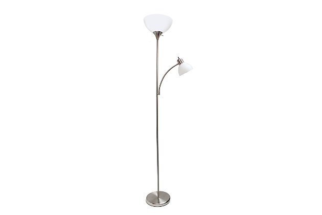 A charming, inexpensive, and practical floor lamp to meet your basic lighting needs. This simple mother/daughter floor lamp with reading light features a brushed nickel finish and plastic white shades. Perfect for living room, bedroom, office, kids room, or college dorm.Brushed nickel finish | White plastic shades | Floor lamp uses 1 x 3-way 100w type a medium base bulb (not included)
reading light uses 1 x 60w type a medium base bulb (not included) | Height: 71"