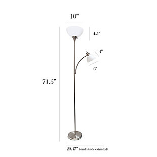 A charming, inexpensive, and practical floor lamp to meet your basic lighting needs. This simple mother/daughter floor lamp with reading light features a brushed nickel finish and plastic white shades. Perfect for living room, bedroom, office, kids room, or college dorm.Brushed nickel finish | White plastic shades | Floor lamp uses 1 x 3-way 100w type a medium base bulb (not included)
reading light uses 1 x 60w type a medium base bulb (not included) | Height: 71"