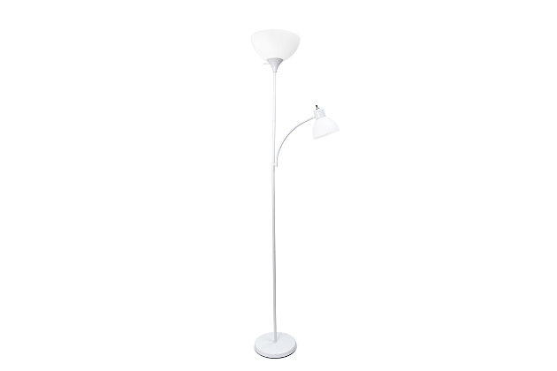 A charming, inexpensive, and practical floor lamp to meet your basic lighting needs. This simple mother/daughter floor lamp with reading light features a painted finish and plastic white shades. Perfect for living room, bedroom, office, kids room, or college dorm.Painted finish | White plastic shades | Floor lamp uses 1 x 100w 3-way  type a medium base bulb (not included)
reading light uses 1 x 60w type a medium base bulb (not included) | L:15.5" x w:10" x h: 71.75"