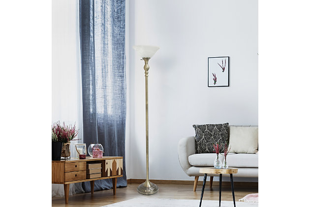 Light up your bedroom, office, foyer or living room with this elegant yet affordable 1 light torchiere floor lamp. It features a stunning antique brass finish and a marbleized white glass shade to complete the look.Antique brass finish | White glass shade | Uses 1 x 100 3 way type a medium base bulb (not included) | Dimensions; l: 13" x w: 13" x h: 71"