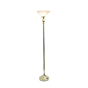 Light up your bedroom, office, foyer or living room with this elegant yet affordable 1 light torchiere floor lamp. It features a stunning gold finish and a marbleized white glass shade to complete the look.Gold finish | White glass shade | Uses 1 x 100 3 way type a medium base bulb (not included) | Dimensions; l: 13" x w: 13" x h: 71"