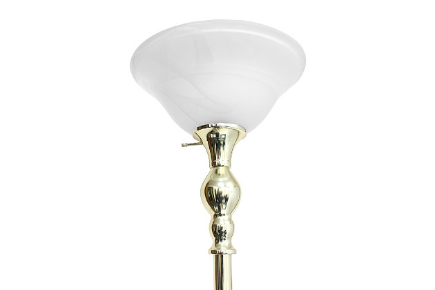Light up your bedroom, office, foyer or living room with this elegant yet affordable 1 light torchiere floor lamp. It features a stunning gold finish and a marbleized white glass shade to complete the look.Gold finish | White glass shade | Uses 1 x 100 3 way type a medium base bulb (not included) | Dimensions; l: 13" x w: 13" x h: 71"