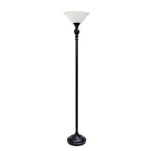 Light up your bedroom, office, foyer or living room with this elegant yet affordable 1 light torchiere floor lamp. It features a stunning restoration bronze finish and a marbelized white glass shade to complete the look.Restoration bronze finish | Marbelized white glass shade | Uses 1 x 100 3 way type a medium base bulb (not included) | Rotary switch located on lampholder