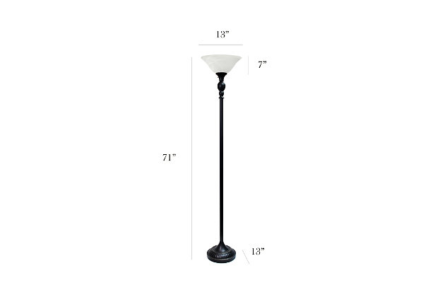 Light up your bedroom, office, foyer or living room with this elegant yet affordable 1 light torchiere floor lamp. It features a stunning restoration bronze finish and a marbelized white glass shade to complete the look.Restoration bronze finish | Marbelized white glass shade | Uses 1 x 100 3 way type a medium base bulb (not included) | Rotary switch located on lampholder