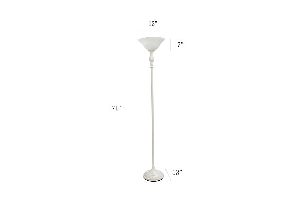 Light up your bedroom, office, foyer or living room with this elegant yet affordable 1 light torchiere floor lamp. It features a stunning white finish and a marbleized white glass shade to complete the look.White finish | White glass shade | Uses 1 x 100 3 way type a medium base bulb (not included) | Dimensions; l: 13" x w: 13" x h: 71"
