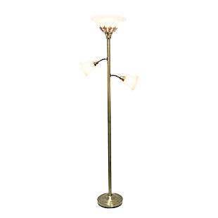 Light up your bedroom, office, foyer or living room with this elegant yet affordable 3 light floor lamp. It features a stunning antique brass finish and marbleized white shades with spiraled cut glass to complete the timeless look.Antique brass finish | White scalloped glass shades | Main light uses: 1 x 100w medium base type a bulb (not included)  reading lights use: 2 x 60w type a medium base bulbs (not included)
reading lights use: 2 x  60w type a medium base bulbs (not included) | Dimensions; l: 13" x w: 21.5" x h: 71"