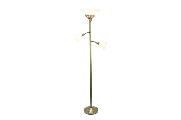Light up your bedroom, office, foyer or living room with this elegant yet affordable 3 light floor lamp. It features a stunning antique brass finish and marbleized white shades with spiraled cut glass to complete the timeless look.Antique brass finish | White scalloped glass shades | Main light uses: 1 x 100w medium base type a bulb (not included)  reading lights use: 2 x 60w type a medium base bulbs (not included)
reading lights use: 2 x  60w type a medium base bulbs (not included) | Dimensions; l: 13" x w: 21.5" x h: 71"