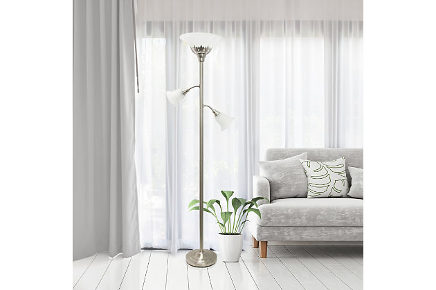 Light up your bedroom, office, foyer or living room with this elegant yet affordable 3 light floor lamp. It features a stunning brushed nickel finish and marbleized white shades with spiraled cut glass to complete the timeless look.Brushed nickel finish | White scalloped glass shades | Main light uses: 1 x 100w medium base type a bulb (not included)
reading lights use: 2 x  60w type a medium base bulbs (not included) | Dimensions; l: 13" x w: 21.5" x h: 71"