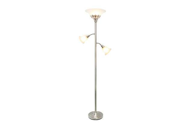 Light up your bedroom, office, foyer or living room with this elegant yet affordable 3 light floor lamp. It features a stunning brushed nickel finish and marbleized white shades with spiraled cut glass to complete the timeless look.Brushed nickel finish | White scalloped glass shades | Main light uses: 1 x 100w medium base type a bulb (not included)
reading lights use: 2 x  60w type a medium base bulbs (not included) | Dimensions; l: 13" x w: 21.5" x h: 71"