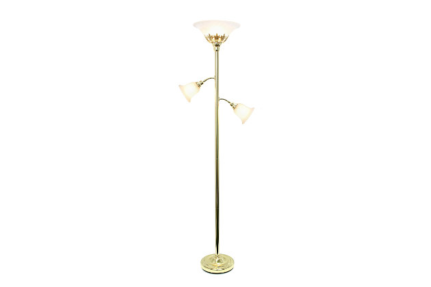 Light up your bedroom, office, foyer or living room with this elegant yet affordable 3 light floor lamp. It features a stunning gold finish and marbleized white shades with spiraled cut glass to complete the timeless look.Gold finish | White scalloped glass shades | Main light uses: 1 x 100w medium base type a bulb (not included)
reading lights use: 2 x  60w type a medium base bulbs (not included) | Dimensions; l: 13" x w: 21.5" x h: 71"